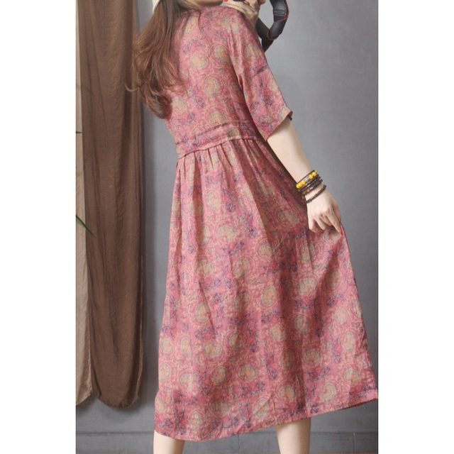 
Blue and white porcelain printed ramie mid-length dress for women, new summer short-sleeved V-neck loose waist-hugging temperament skirt