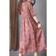 
Blue and white porcelain printed ramie mid-length dress for women, new summer short-sleeved V-neck loose waist-hugging temperament skirt