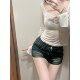 A Korean girl ~ Hot girl is purely slim and big round neck perspective sun protection white thin T-shirt
