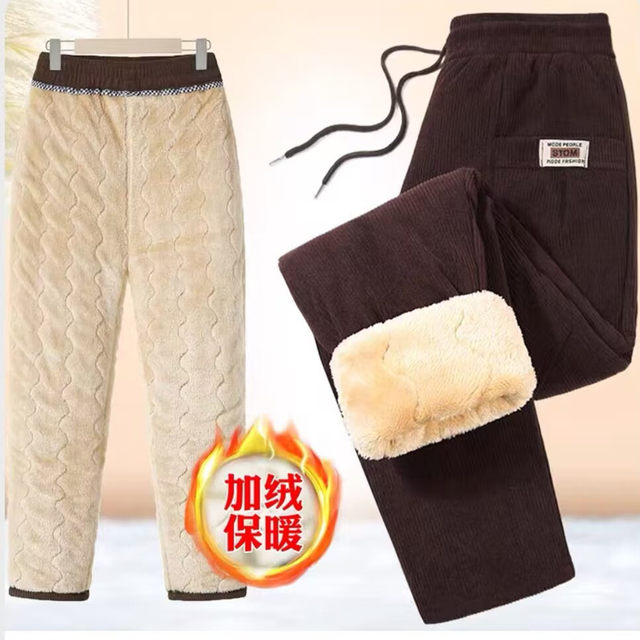 Mother's cotton pants plus velvet thickened winter high-waisted straight pants for middle-aged and elderly women's pants lambswool elderly warm pants