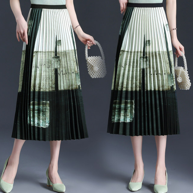 Printed pleated skirt A-line skirt 2025 spring and summer high waist stylish mid-length large hem skirt Chinese style horse-face skirt
