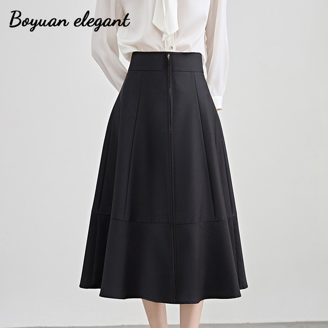 Baiyuan black French retro Hepburn style long skirt for women with front zipper high-end A-line high-waisted umbrella skirt