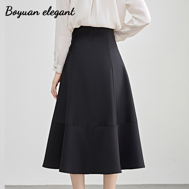 Baiyuan black French retro Hepburn style long skirt for women with front zipper high-end A-line high-waisted umbrella skirt