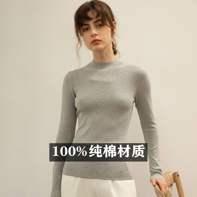 100% Cotton Thread Western Style Sweater Women's Half Turtle Collar Tight Knit Sweater Slim Fit Mercerized Cotton Long Sleeve Bottoming