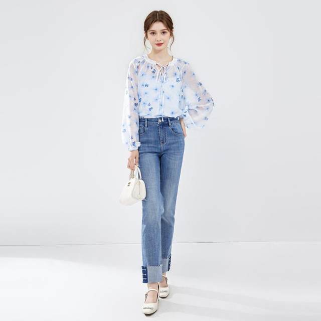 Qiushui Yiren gentle wind floral chiffon shirt 2024 new autumn women's see-through outer blouse suspender suit