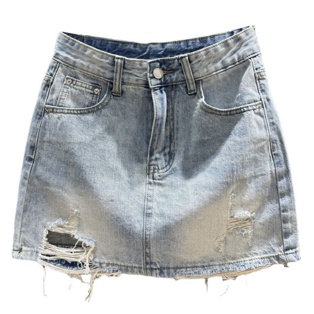 New summer 2025 new old denim skirt for women with high waist ripped wool edges to make them look slim and hip-covered skirt