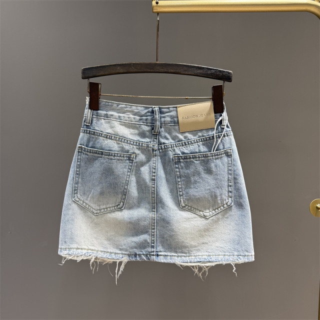 New summer 2025 new old denim skirt for women with high waist ripped wool edges to make them look slim and hip-covered skirt