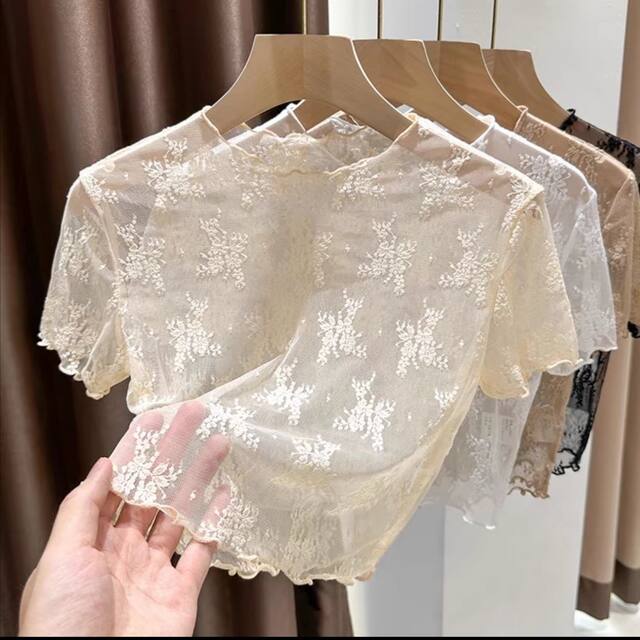 Black lace base shirt for women in summer suspender skirt for women with sexy transparent hollow mesh short sleeve T-shirt thin
