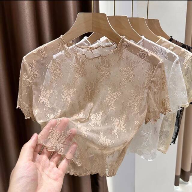 Black lace base shirt for women in summer suspender skirt for women with sexy transparent hollow mesh short sleeve T-shirt thin
