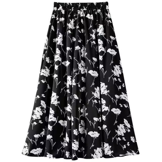 Printed skirt for women's summer pocket 2024 new high-waisted large-size floral skirt A-line skirt draped and swaying long skirt