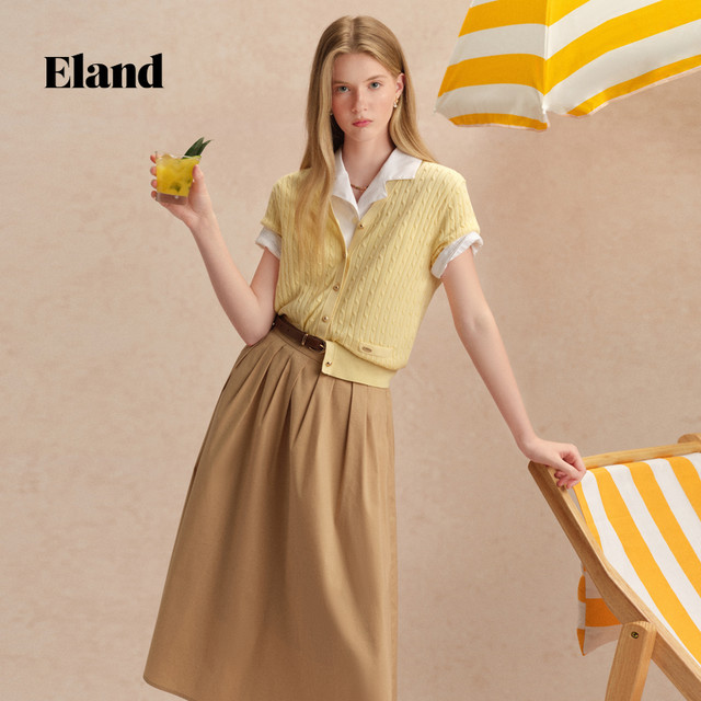 Eland Clothes Sweet Cotton Commuter Mid-Long Dress 2025 Summer New Style