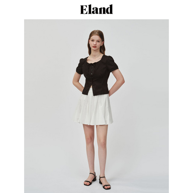 Eland shirt women's puff sleeves square collar folded waist slimming date top summer