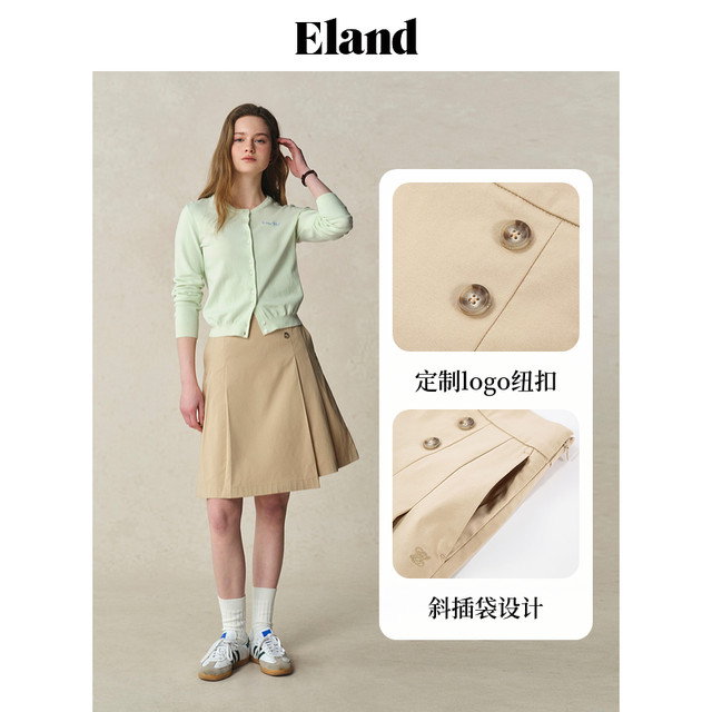 Eland Clothes Skirt Women's College Slant Slide Asymmetric Micro-Pin-Put Pleated Long Skirt 2025 Summer New Style