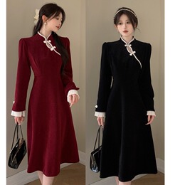 Large new Chinese dress autumn and winter senior sense of national wind clasp flag gown fatmm look thin pendant dress