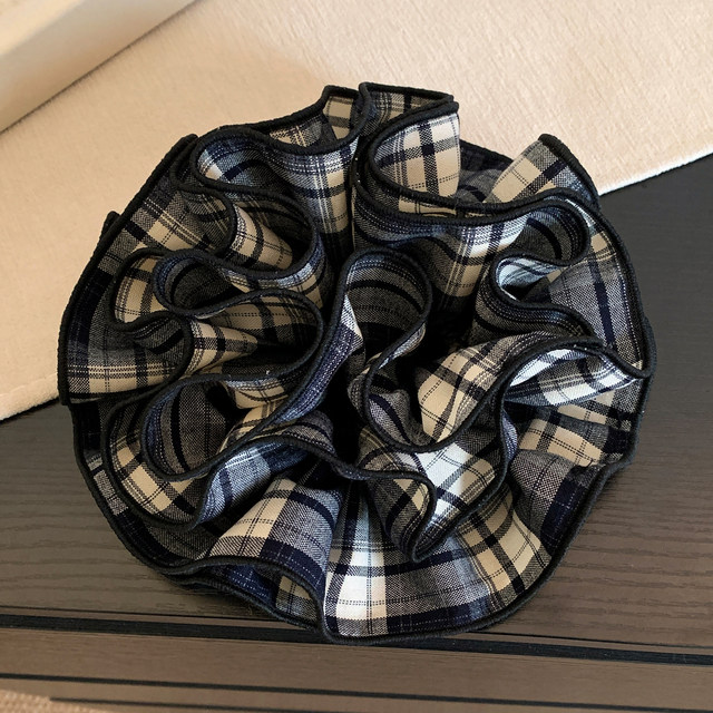 Korean retro blue plaid four-layer large intestine hair ring for women, high-end, oversized ball headband, hair tie, headband, headband