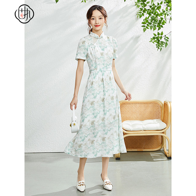 
Stubborn summer new Chinese stand-up collar puff sleeve printed short-sleeved dress 42632LQ08178
