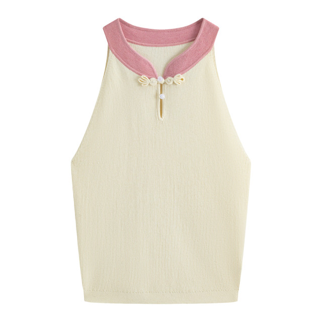 Stubborn 2025 spring new Chinese style halter neck stand collar sleeveless vest short solid color knitted sweater women's top