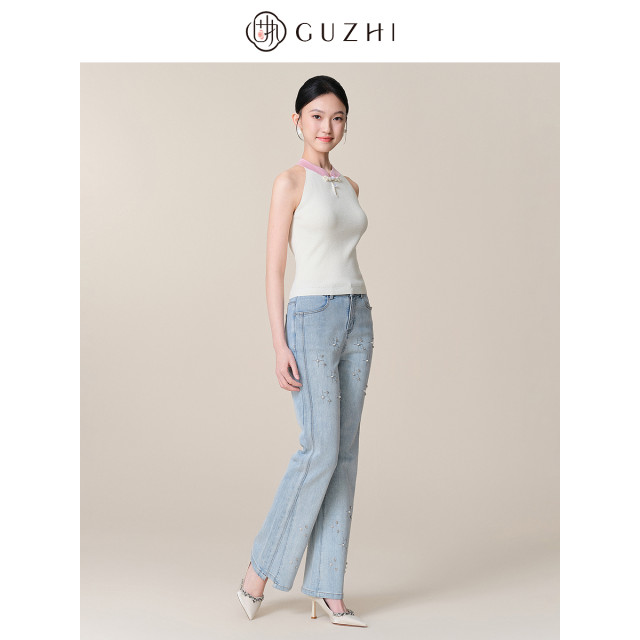 Stubborn 2025 spring new Chinese style halter neck stand collar sleeveless vest short solid color knitted sweater women's top
