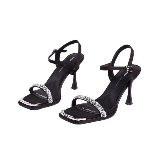 Women's 2025 summer new style celebrity style banquet elegant one-liner buckle rhinestone open-toe high heels