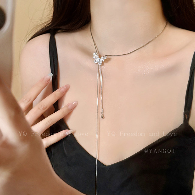 Silver butterfly long necklace women's autumn and winter new decorative sweater chain clavicle chain light luxury niche high-end accessories