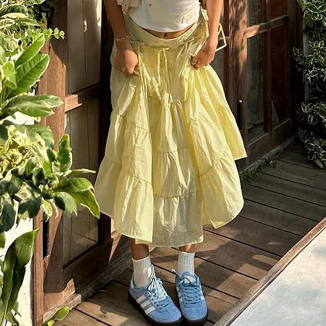 MSYOUCAN Looking forward to the bright summer dopamine yellow skirt with bow splicing lace-up versatile long skirt