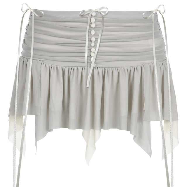 MSYOUCAN Show mesh spliced ​​pleated lace-up tassel skirt low-waisted hot girl old-fashioned miniskirt