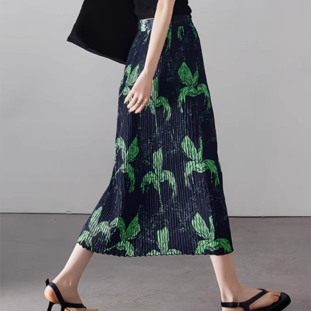 Miyake pleated retro skirt women's ice silk green tie-dye printed straight sand floral skirt elastic waist pleated skirt