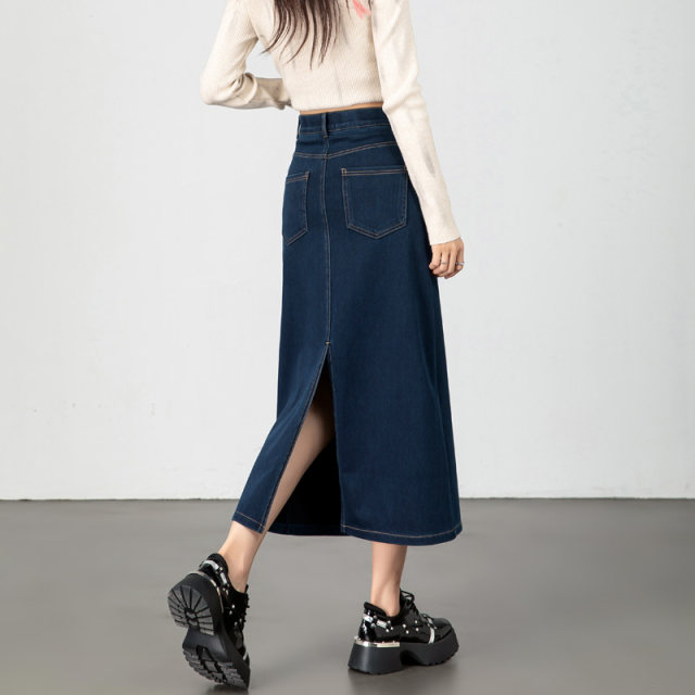 Long denim skirt for women spring and summer thin high waist women's slit long skirt dark blue pencil straight hip denim skirt
