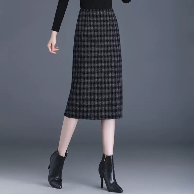 Wool plaid skirt for women in autumn and winter new elastic high waist hip skirt mid-length straight slit one-step skirt