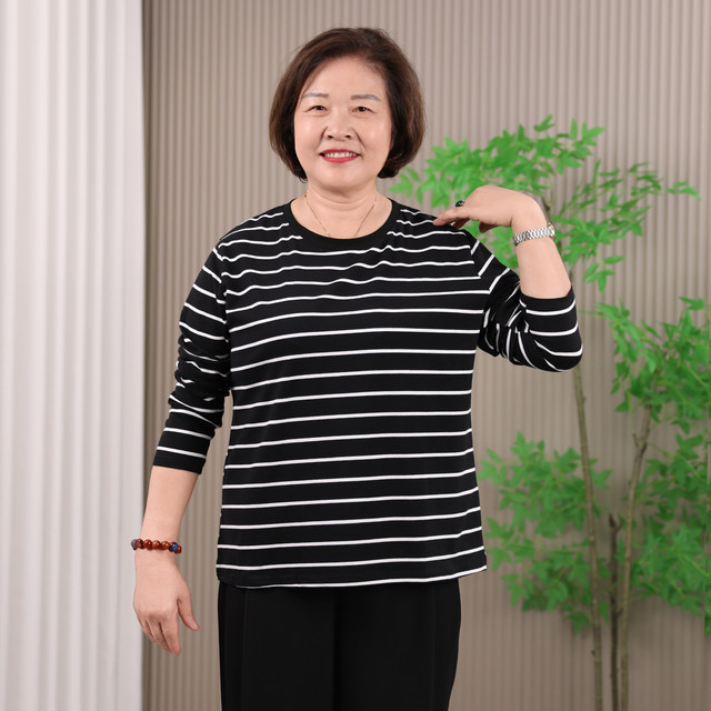 Middle-aged and elderly pure cotton round neck top plus fat plus size fat mother spring and autumn style outer bottoming shirt striped shirt