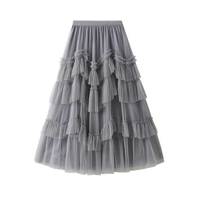 Wood fungus lace cake skirt mesh skirt 2025 spring and autumn new women's versatile long skirt gauze skirt fluffy skirt