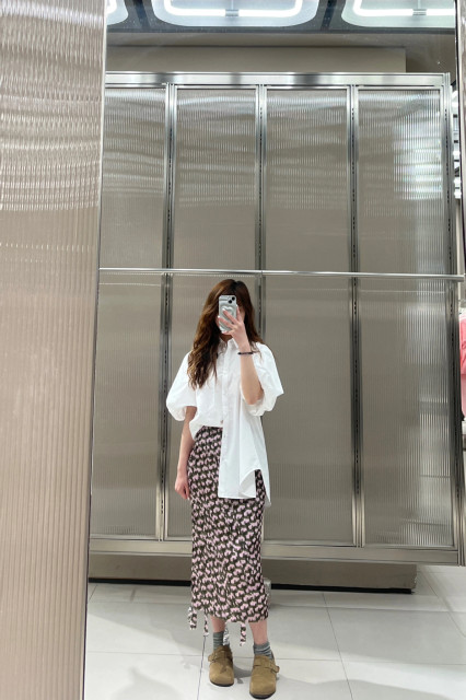 2025 summer new retro casual versatile basic printed pleated streamer design pleated skirt
