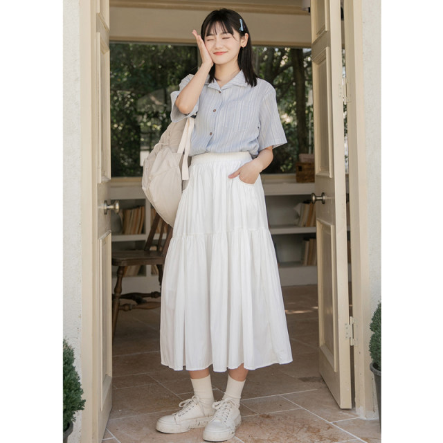 2025 summer new elastic waist versatile skirt white interfacial bag A-line skirt high-waisted slim mid-length skirt