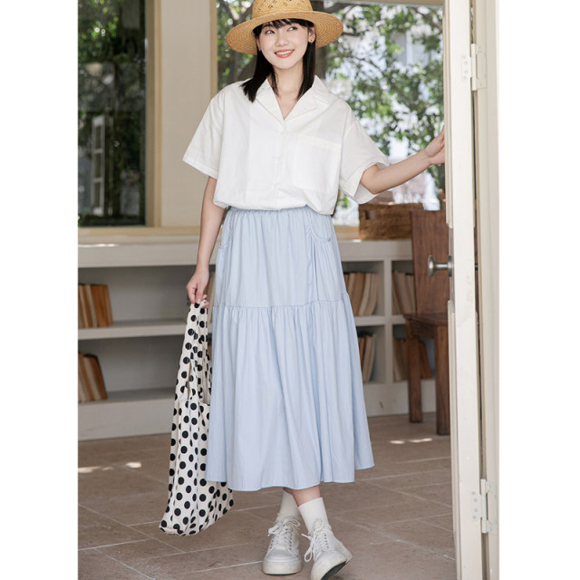 2025 summer new elastic waist versatile skirt white interfacial bag A-line skirt high-waisted slim mid-length skirt