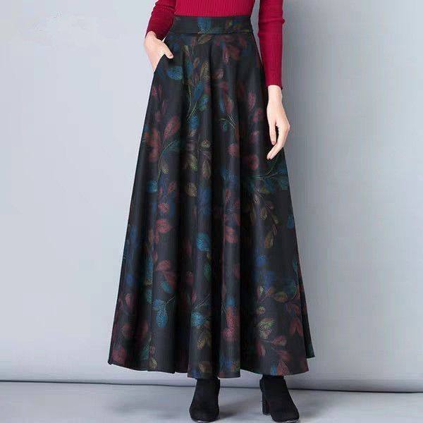 New spring skirt high waist mid-length wool pocket long skirt large a-line skirt wearing Nimei floral skirt