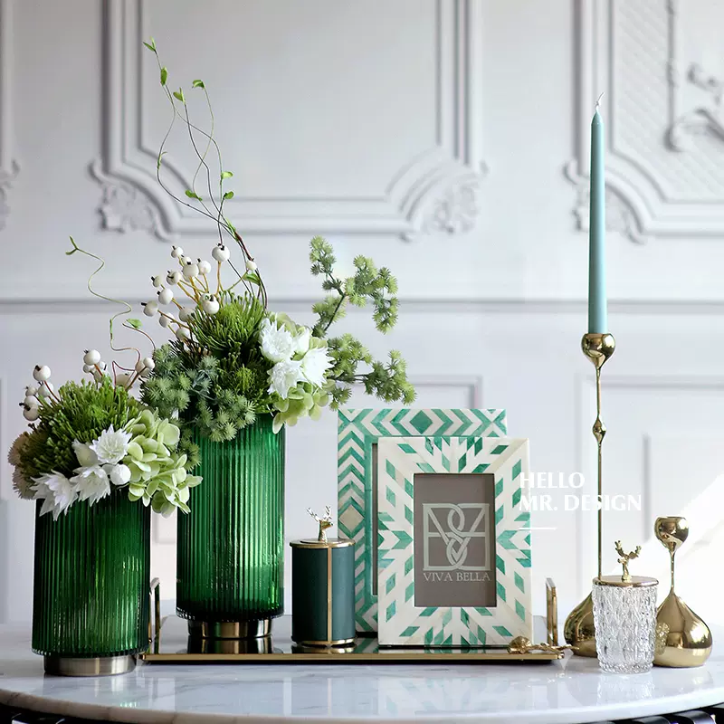 现代轻奢墨绿玻璃插花瓶花艺套餐家用客厅牙签盒相框家居装饰