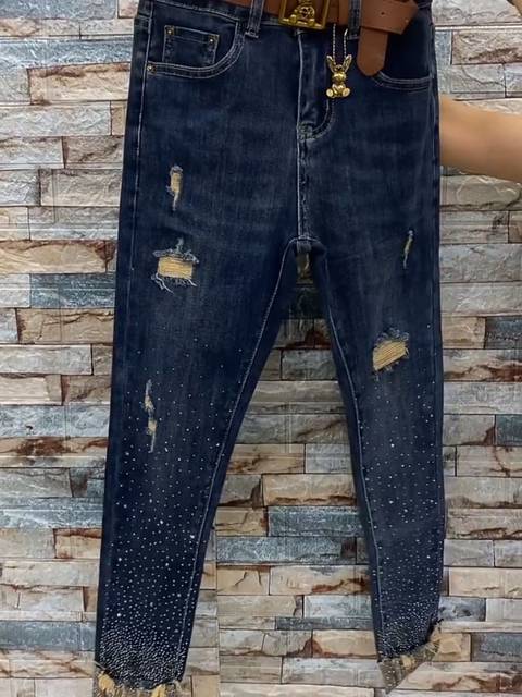 European Station 2023 autumn new heavy industry star hot drill hole denim small feet nine-point elastic pencil pants