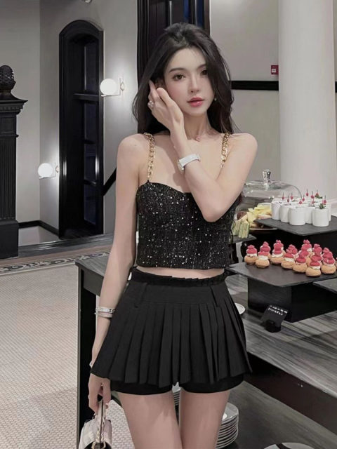 Suit pleated skirt female summer skirt high waist A -line is thin and small, high -level high -level American retro super skirt