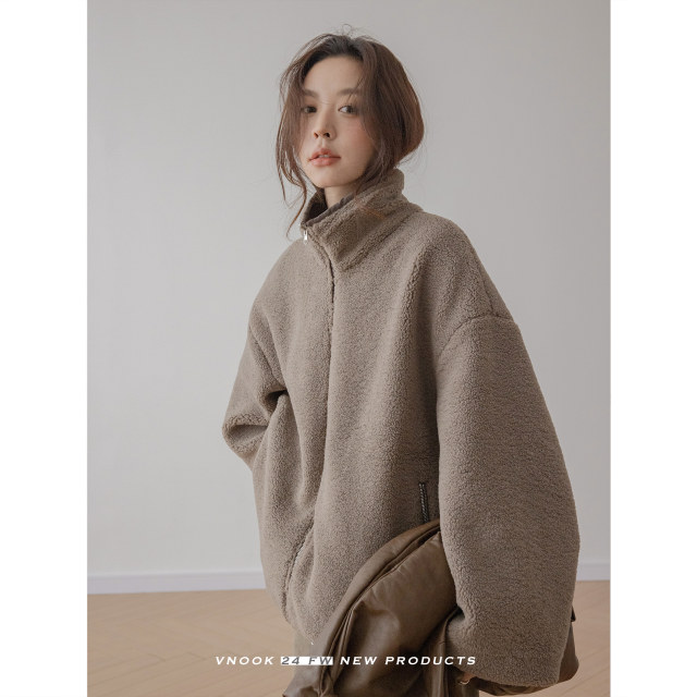 VNOOK stand-up collar embroidered lamb fur coat for women in winter 2024 new long high-end solid color double-sided top
