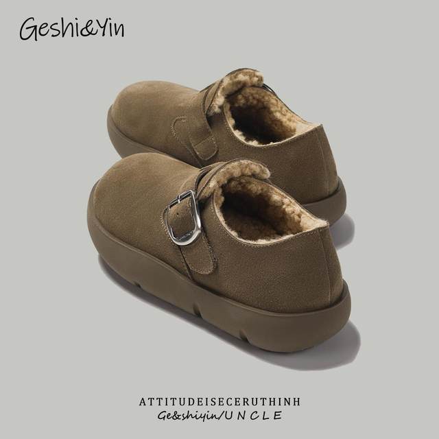 Geshiyin thick-soled Birkenstock shoes for women 2025 new winter fashion velvet warm cotton shoes versatile casual women's shoes