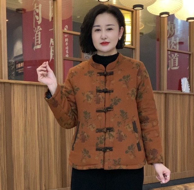 Middle -aged mother's winter printed cotton jacket jacket plus velvet thickened retro -fastening national wind cotton jacket short cotton clothing girl