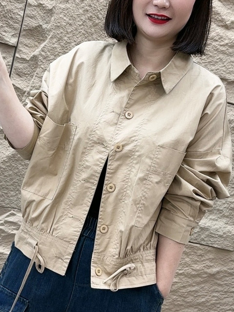 Middle-aged women's spring twill cotton solid color short jacket casual mother's suit loose large size lapel top thin

