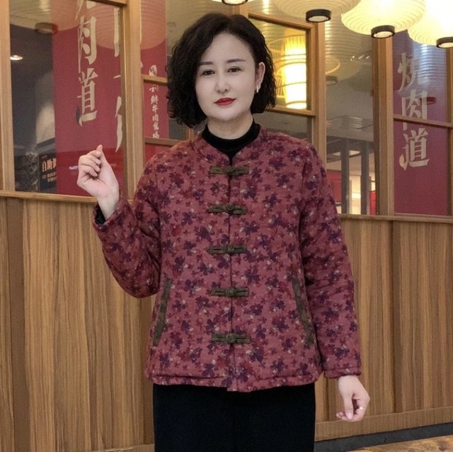 Middle -aged mother's winter printed cotton jacket jacket plus velvet thickened retro -fastening national wind cotton jacket short cotton clothing girl