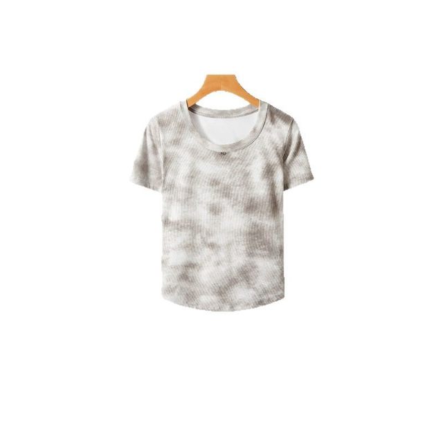 
American white tie-dyed shoulder short-sleeved T-shirt for women in spring and summer retro slim waist-hugging short top design