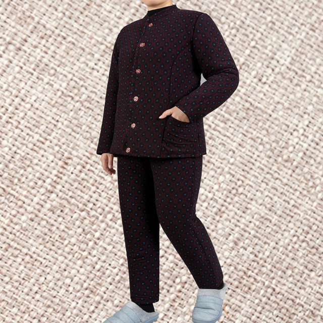 Camel velvet cotton-padded jacket suit for middle-aged and elderly women with velvet stand-up collar home warm clothes mother's loose large size two-piece set