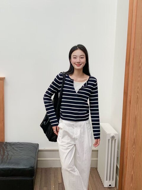 2025 new style Rina contrast color casual slim and versatile fake two-piece striped sweater top for women