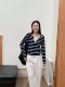 2025 new style Rina contrast color casual slim and versatile fake two-piece striped sweater top for women