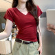 Unique niche V-neck front shoulder base shirt rasp shoulder short-sleeved T-shirt for women 2025 summer new slim slim top trendy