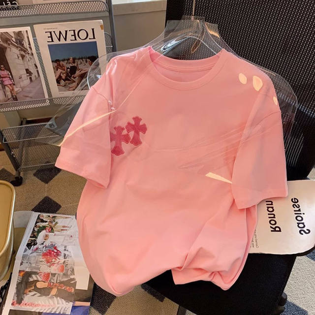 Pink cross flower embroidery short-sleeved T-shirt for men and women in summer pure cotton loose and chic couple large size t-shirt top ins