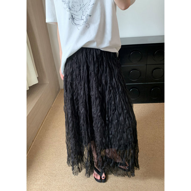 HVIVI wrinkled texture elastic waist mesh skirt for women in summer 2025 new versatile slim A-line umbrella skirt